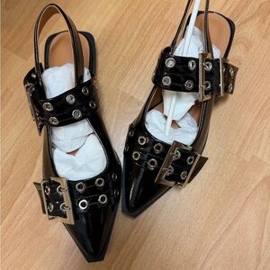 SHEIN Black Buckle Flats with Silver Accents